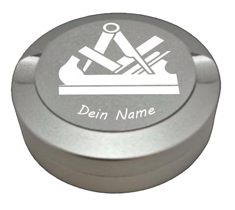 Gravierte Snusdose aus Aluminium mit Zunftzeichen Schreiner, silbrige Oberfläche – hochwertig und ideal für Zunft- und Handwerks-Fans.