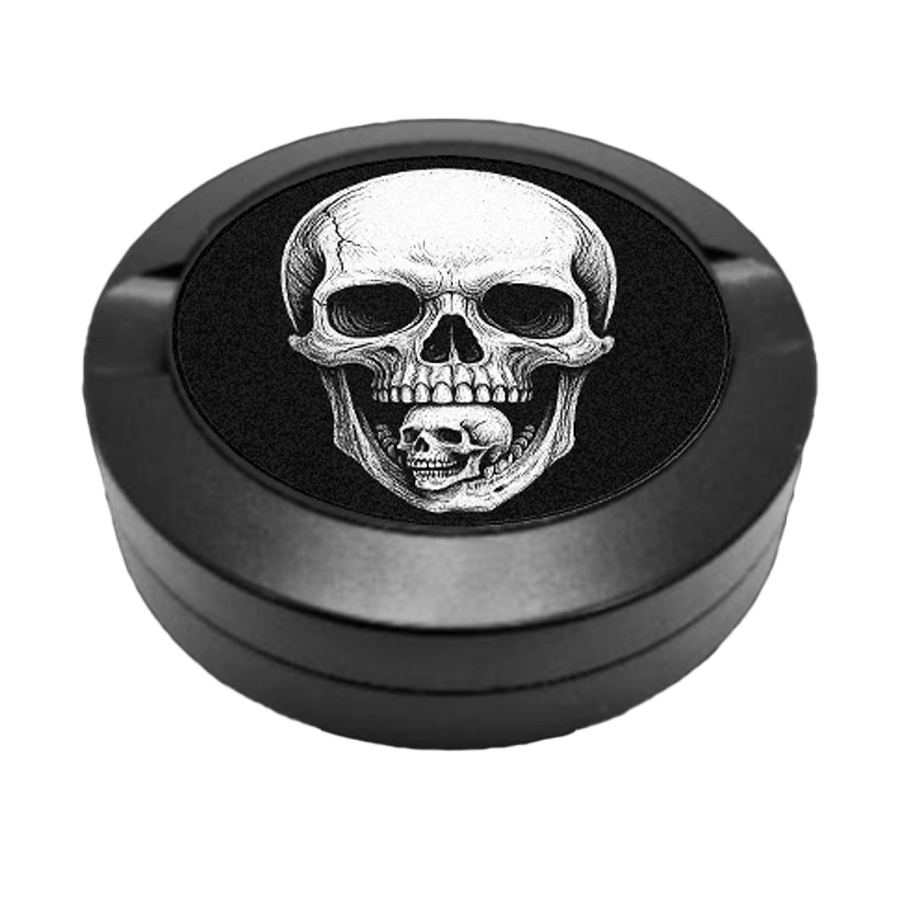 Schwarze Aluminium Snusdose mit Gravur "Cranium Infinitum", matt beschichtet, personalisiert.