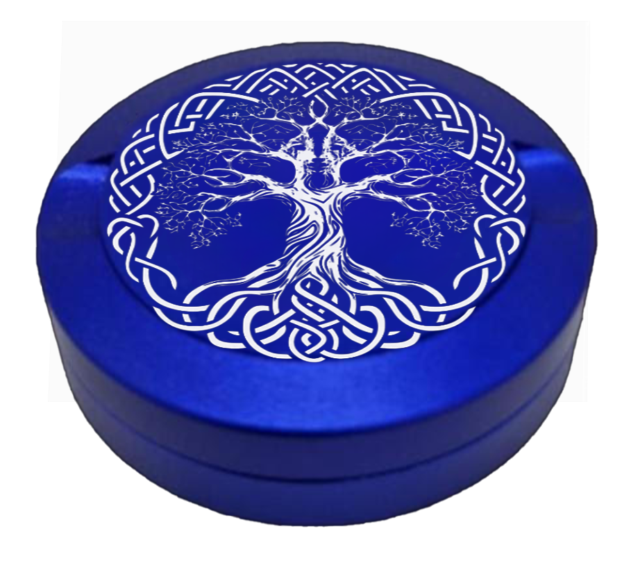 Gravierte Snusdose aus Aluminium mit Motiv - Lebensbaum - blaue Oberfläche