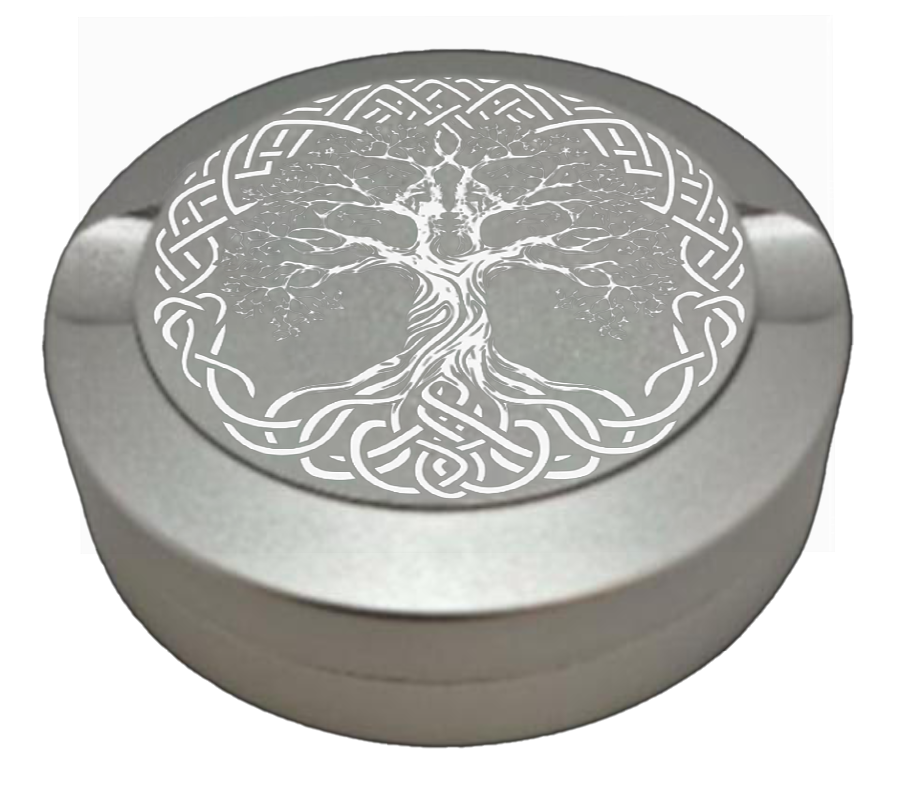 Gravierte Snusdose aus Aluminium mit Motiv - Lebensbaum - silbrige Oberfläche