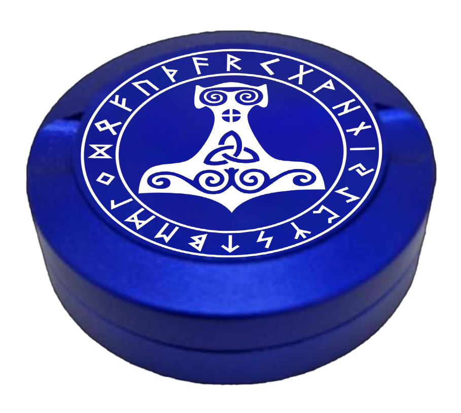 Gravierte Snusdose aus Aluminium mit Motiv- Mjölnir - Thors Hammer- blaue Oberfläche