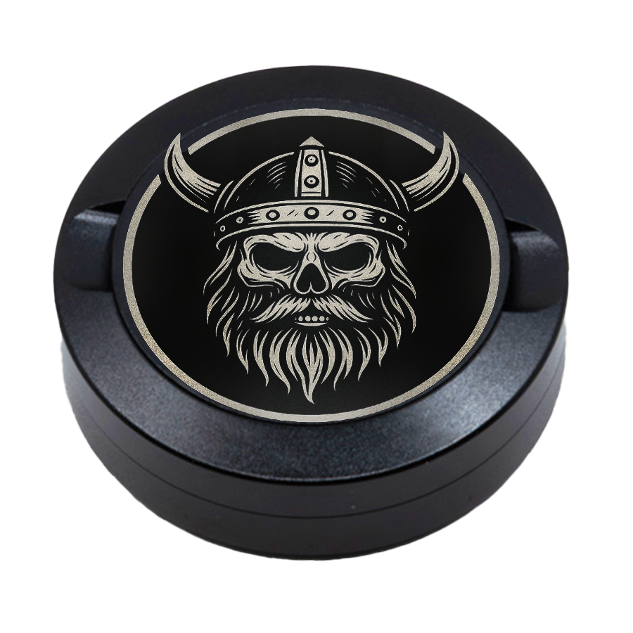 Gravierte Snusdose aus Aluminium mit Valhalla Blend Motiv, Schwarz, Lasergravur
