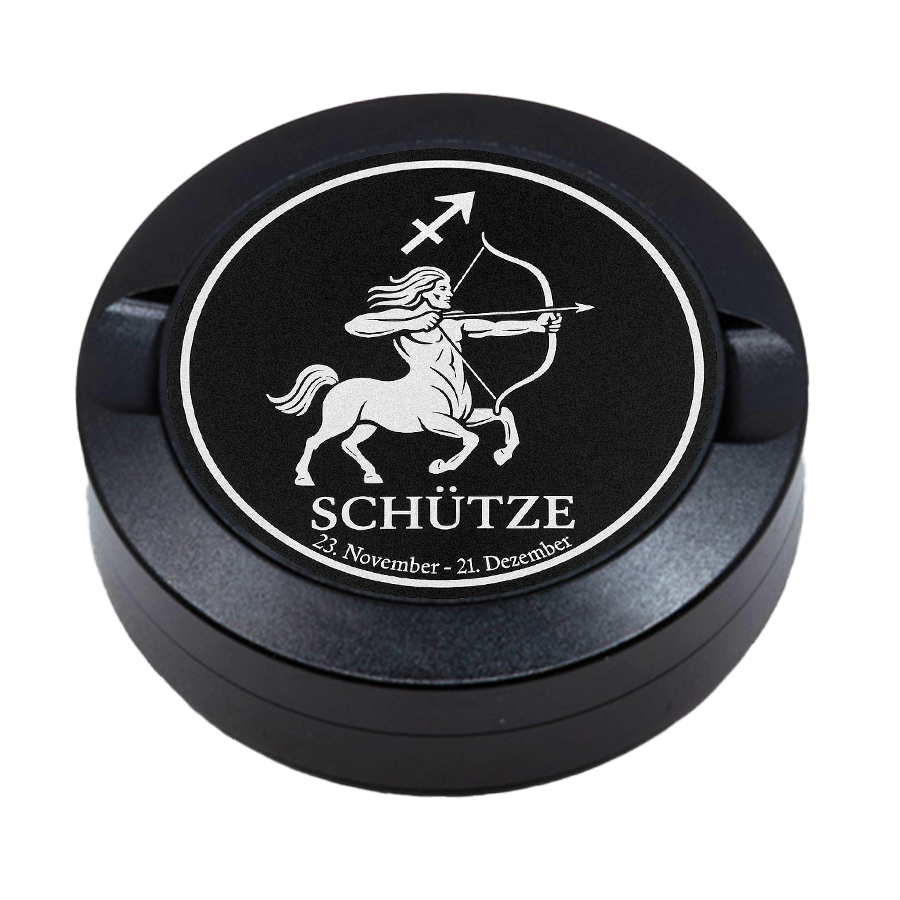 Gravierte Snusdose aus Aluminium mit Motiv « Sternzeichen Schütze « auf der Vorderseite, detailreiche Lasergravur, personalisierbare Tabakdose in runder Form.