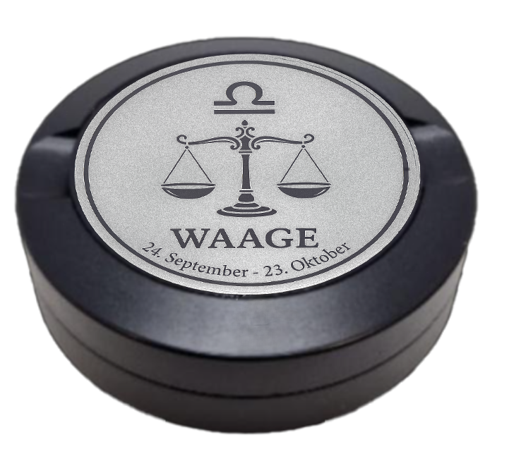 Dreiteilige Snusdose in Schwarz mit eingraviertem Sternzeichen - Motiv Waage auf dem Deckel, stilvoll arrangiert auf einem dunklen Hintergrund.