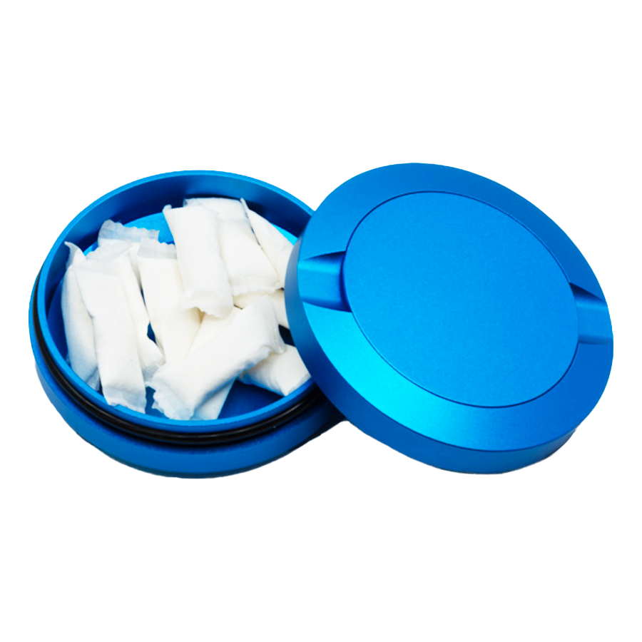 Snusdose in Blau, unifarbig und geöffnet.