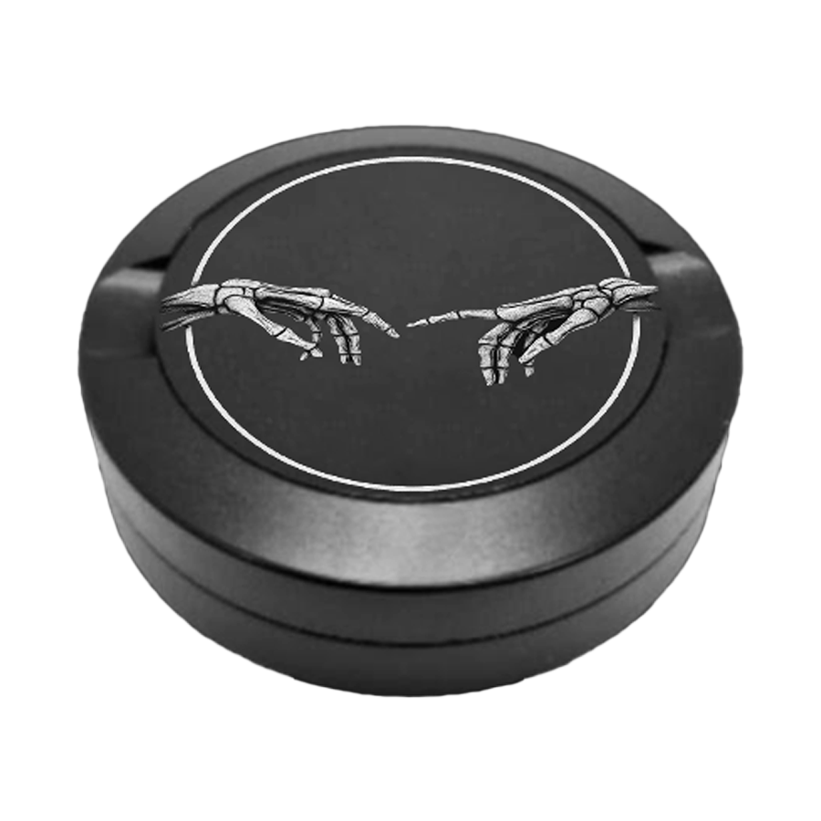 Gravierte Snusdose mit Skelettmännchen Motiv, zwei Hände, die sie mit den Fingern berühren, hochwertige Lasergravur, Snusdose aus Metall, Ripsy Serie