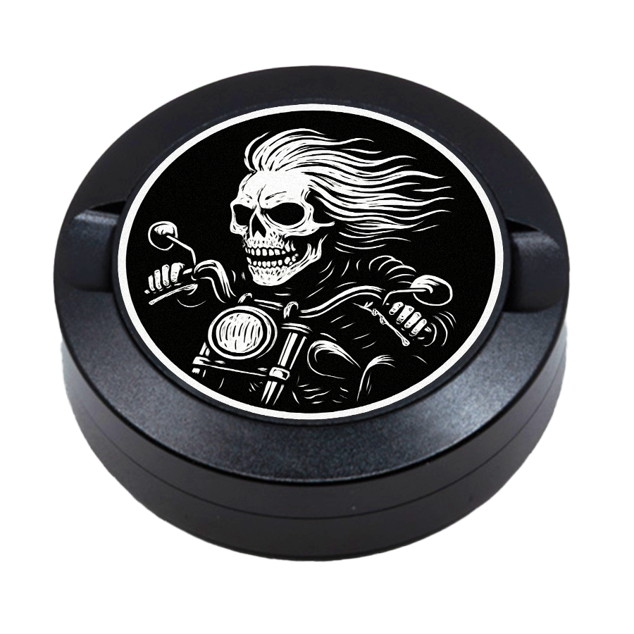 Gravierte Snusdose aus Aluminium mit Road Reaper Motiv, personalisierbar, hochwertige Lasergravur