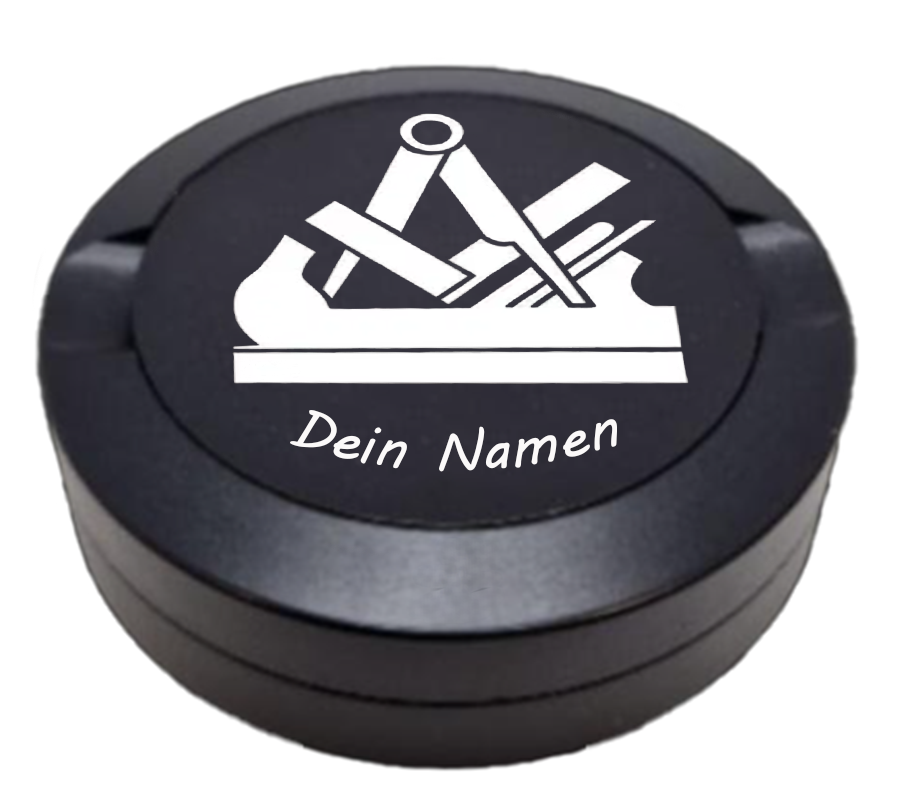 Gravierte Snusdose aus Aluminium mit Zunftzeichen Schreiner, schwarze Oberfläche – hochwertig und ideal für Zunft- und Handwerks-Fans.