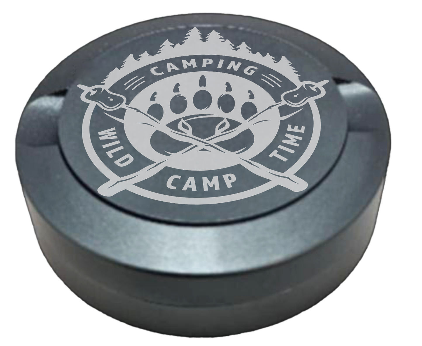 Gravierte Snusdose aus Aluminium mit Gravur - Bären Camp - graue Oberfläche