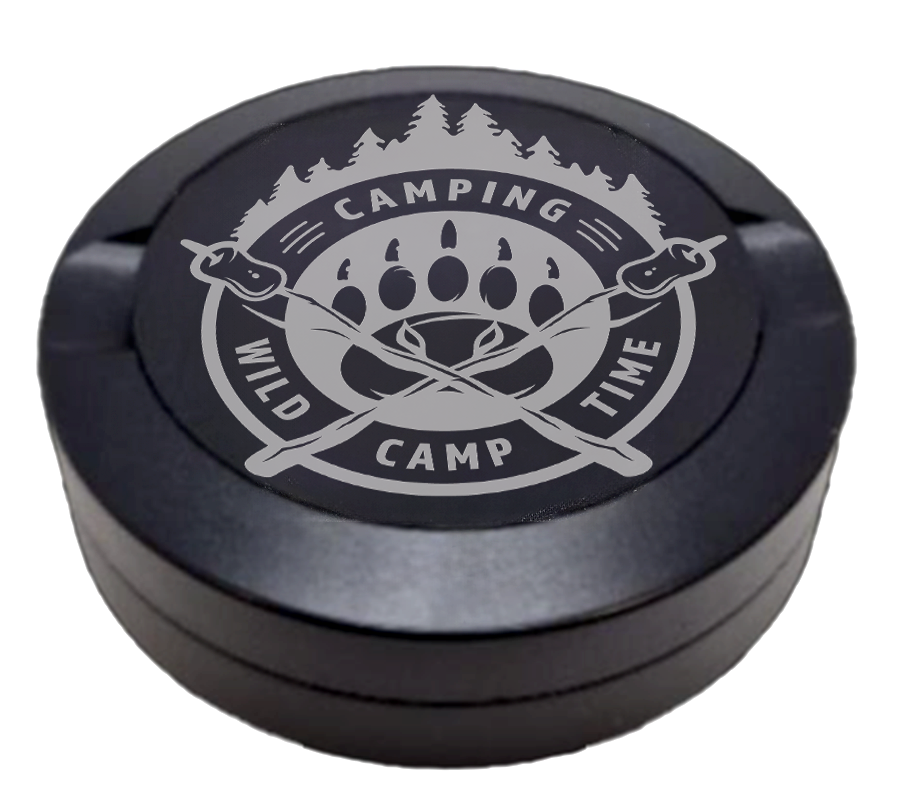 Gravierte Snusdose aus Aluminium mit Gravur - Bären Camp - schwarze Oberfläche