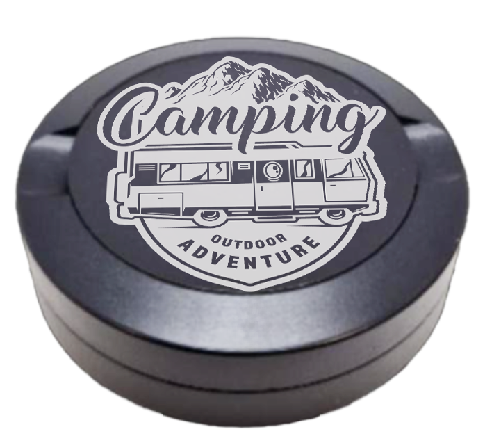 Gravierte Snusdose aus Aluminium mit Gravur - Camping Bus - schwarze Oberfläche