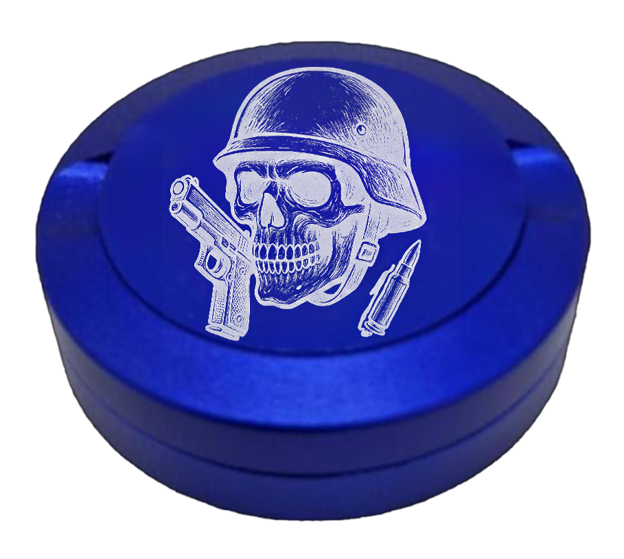 Gravierte Snusdose aus Aluminium mit Gravur - Militär Skull - blaue Oberfläche
