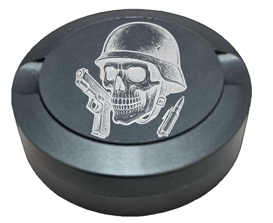 Gravierte Snusdose aus Aluminium mit Gravur - Militär Skull - graue Oberfläche