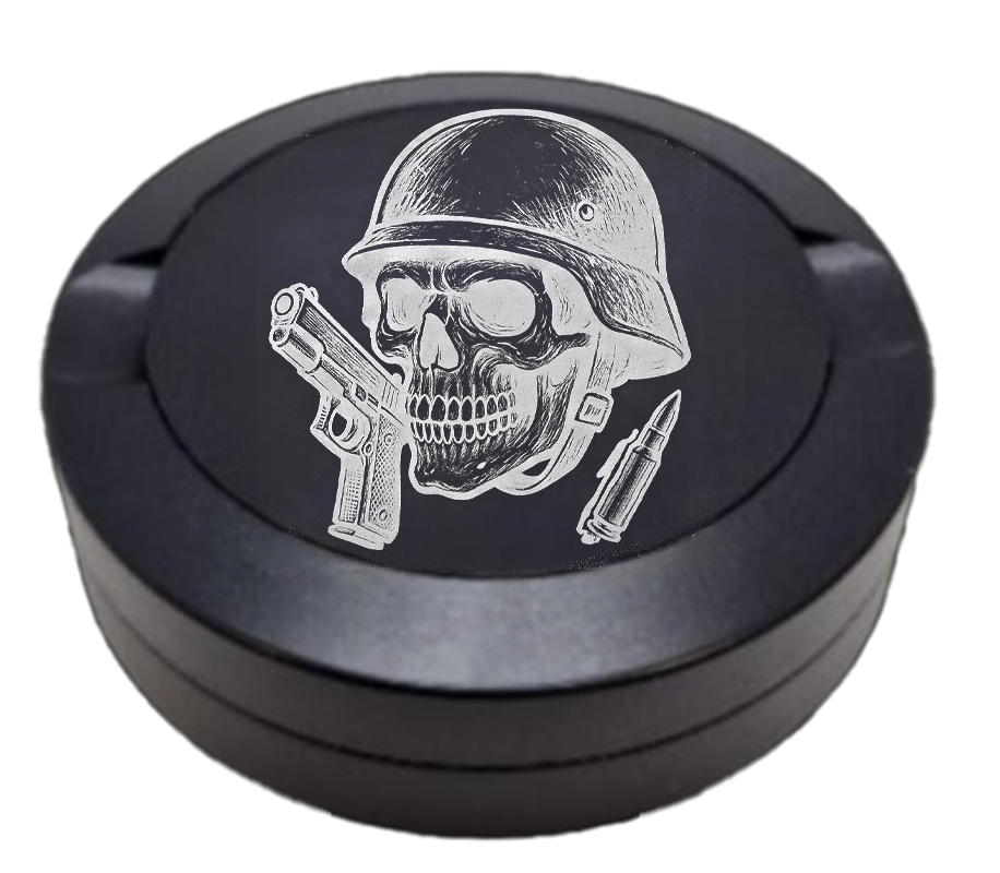 Gravierte Snusdose aus Aluminium mit Gravur - Militär Skull - schwarze Oberfläche