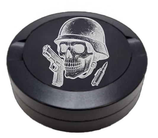 Gravierte Snusdose aus Aluminium mit Gravur - Militär Skull - schwarze Oberfläche