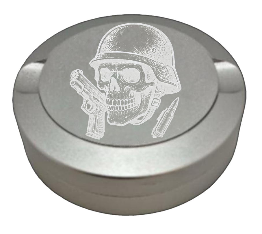 Gravierte Snusdose aus Aluminium mit Gravur - Militär Skull - silbrige Oberfläche