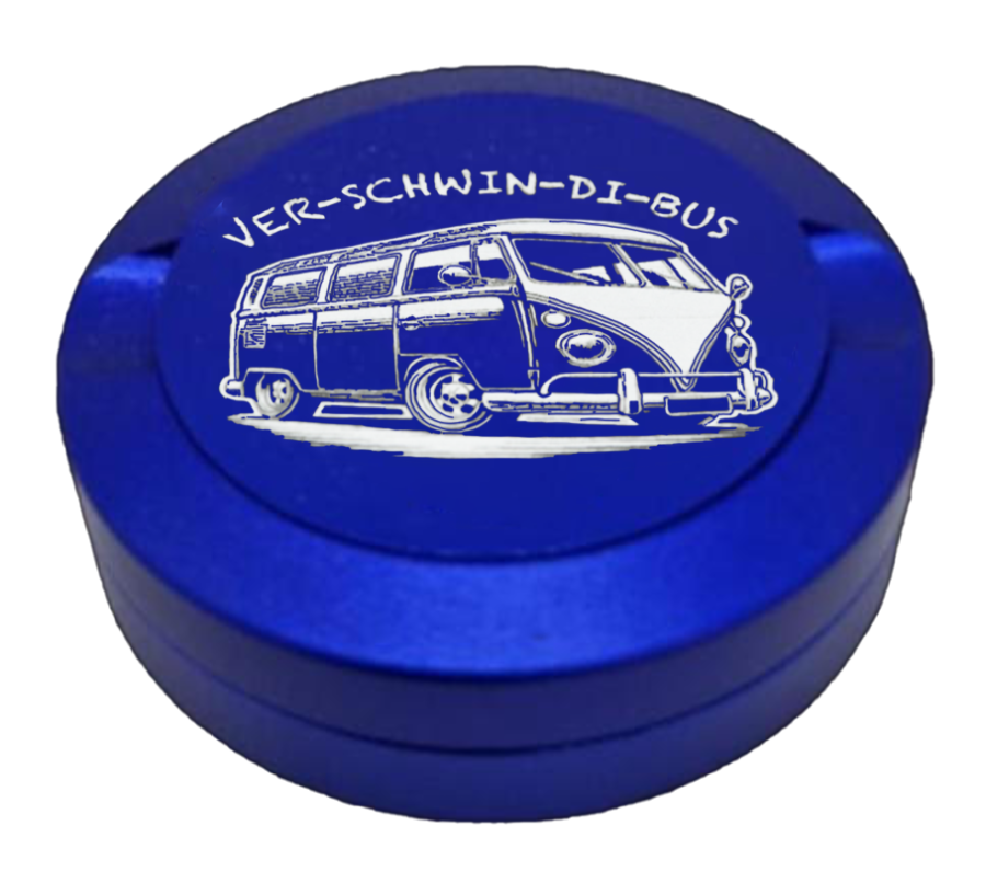 Gravierte Snusdose aus Aluminium mit Gravur - Verschwindibus - blaue Oberfläche