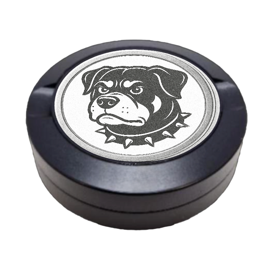 Gravierte Snusdose aus Aluminium mit Motiv « Hercules « auf der Vorderseite, detailreiche Lasergravur, personalisierbare Tabakdose in runder Form.