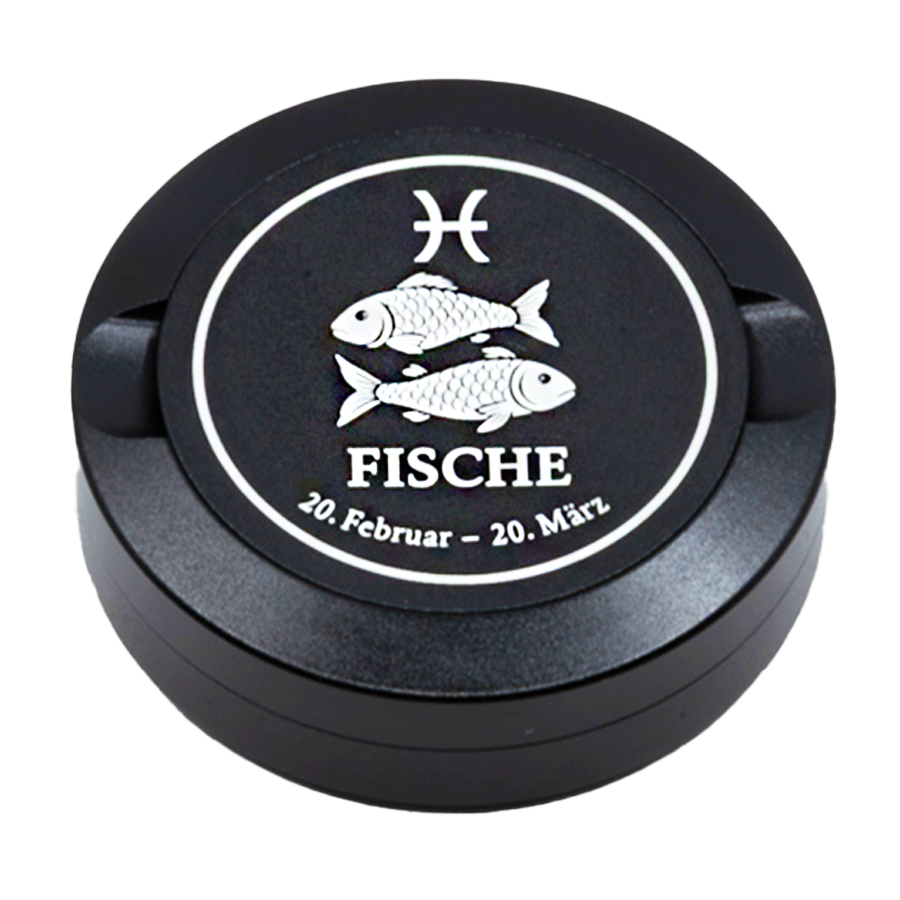 Gravierte Snusdose aus Aluminium mit Motiv « Sternzeichen Fische « auf der Vorderseite, detailreiche Lasergravur, personalisierbare Tabakdose in runder Form.