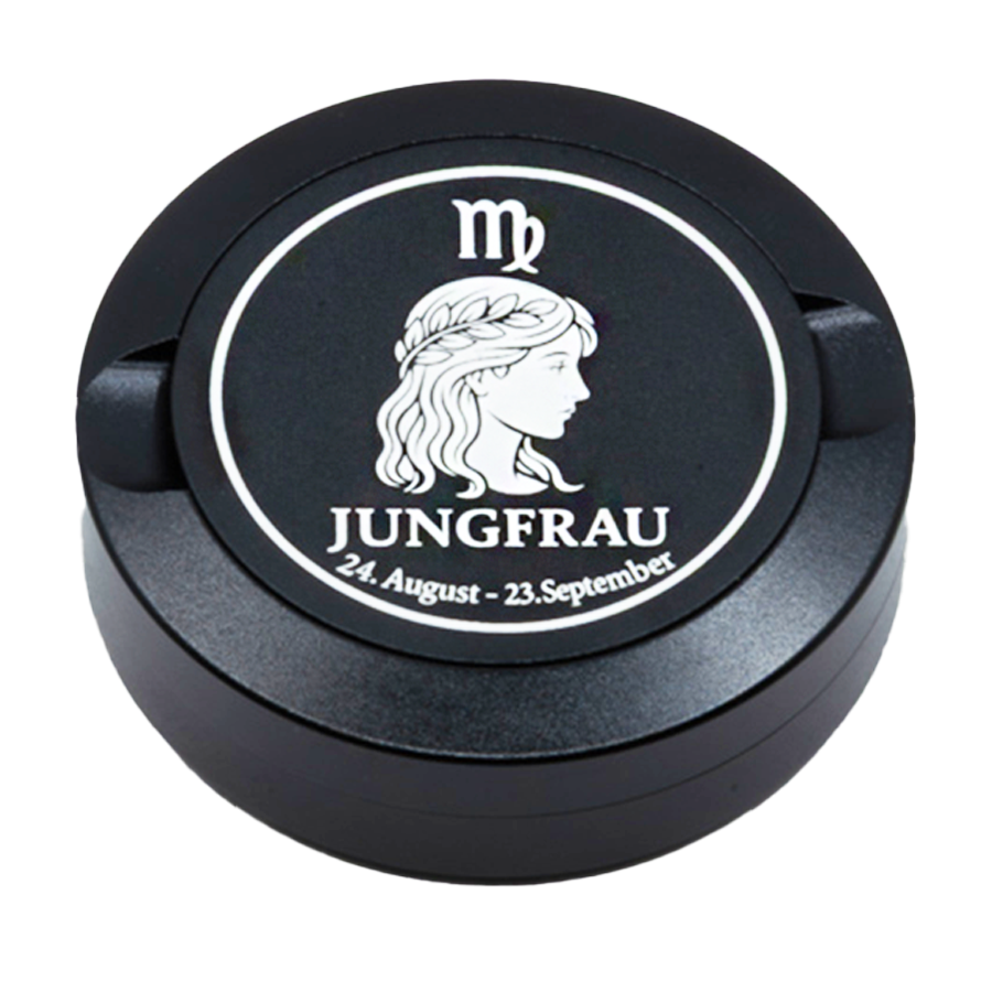 Gravierte Snusdose aus Aluminium mit Motiv «Sternzeichen Jungfrau « auf der Vorderseite, detailreiche Lasergravur, personalisierbare Tabakdose in runder Form.