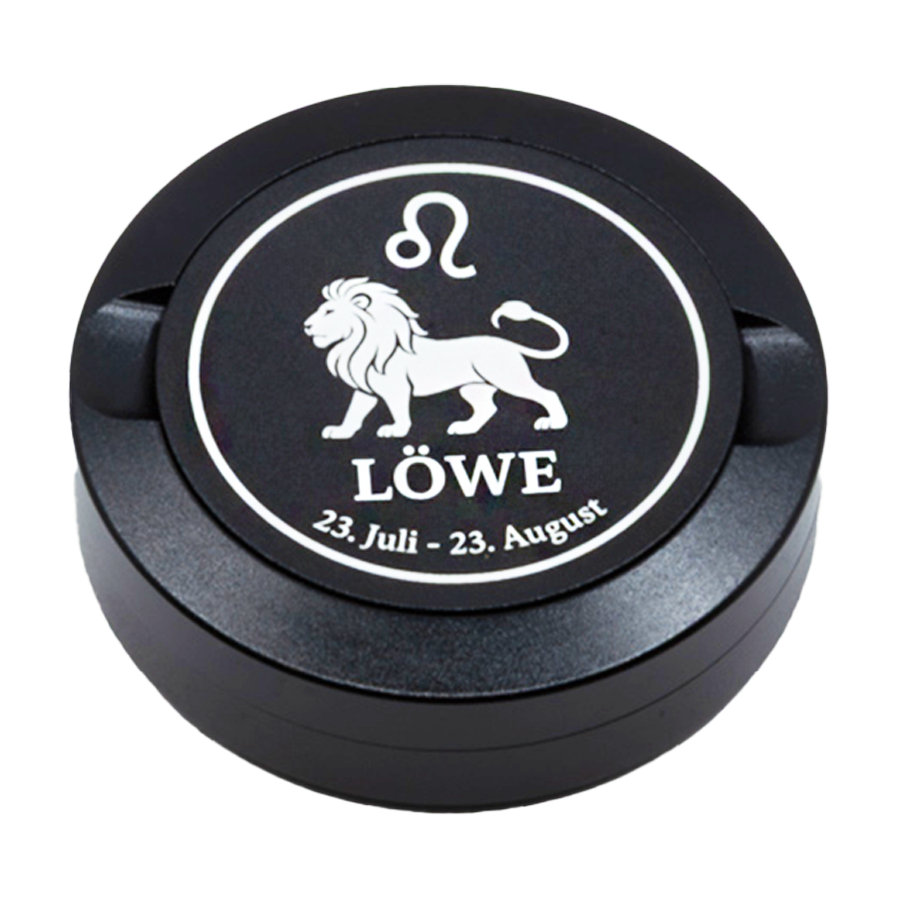 Gravierte Snusdose aus Aluminium mit Motiv « Sternzeichen Löwe « auf der Vorderseite, detailreiche Lasergravur, personalisierbare Tabakdose in runder Form.