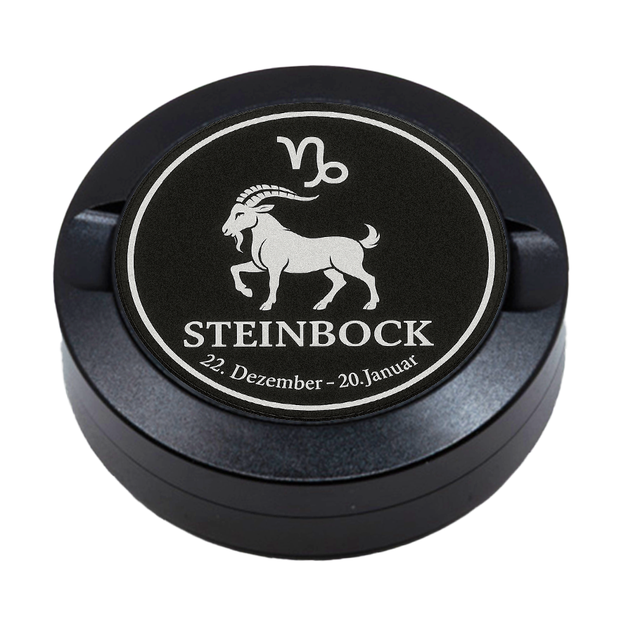 Gravierte Snusdose aus Aluminium mit Motiv «Sternzeichen Steinbock  « auf der Vorderseite, detailreiche Lasergravur, personalisierbare Tabakdose in runder Form.