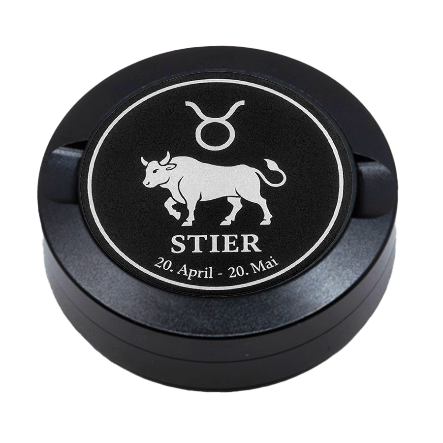 Gravierte Snusdose aus Aluminium mit Motiv « Sternzeichen Stier « auf der Vorderseite, detailreiche Lasergravur, personalisierbare Tabakdose in runder Form.