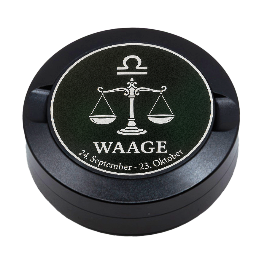 Gravierte Snusdose aus Aluminium mit Motiv «Sternzeichen Waage  « auf der Vorderseite, detailreiche Lasergravur, personalisierbare Tabakdose in runder Form.