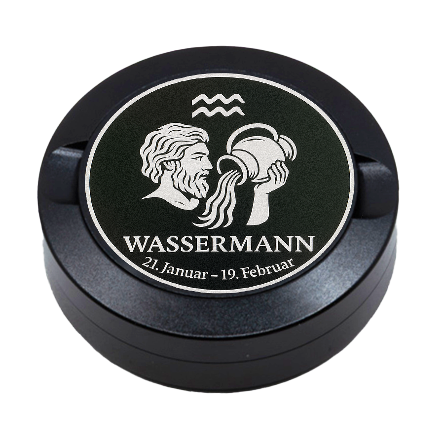 Gravierte Snusdose aus Aluminium mit Motiv «Sternzeichen Wassermann  « auf der Vorderseite, detailreiche Lasergravur, personalisierbare Tabakdose in runder Form.