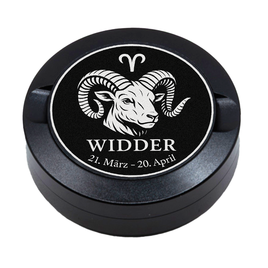 Gravierte Snusdose aus Aluminium mit Motiv «Sternzeichen Widder  « auf der Vorderseite, detailreiche Lasergravur, personalisierbare Tabakdose in runder Form.