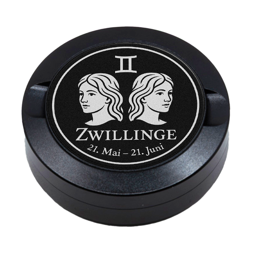 Gravierte Snusdose aus Aluminium mit Motiv « Sternzeichen Zwillinge « auf der Vorderseite, detailreiche Lasergravur, personalisierbare Tabakdose in runder Form.