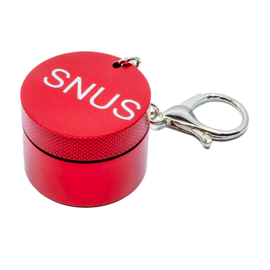 Mini Snusi Schlüsselanhänger rot, für kleine Snus-Rationen, kompakter Behälter für unterwegs.