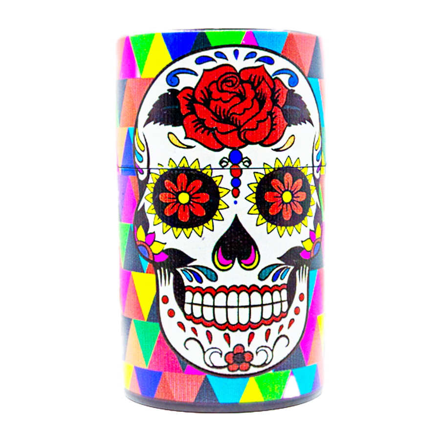 Snus Safe Box mit  Rose Skull Motiv, Vorderansicht des verschlossenen Produkts, kompakte Aufbewahrung für Snus