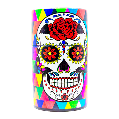 Snus Safe Box mit  Rose Skull Motiv, Vorderansicht des verschlossenen Produkts, kompakte Aufbewahrung für Snus