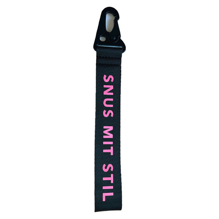 Schlüsselanhänger mit Aufdruck Snus mit Stil in pink, Karabiner und Leinenband zur Sicherung an der Handtasche