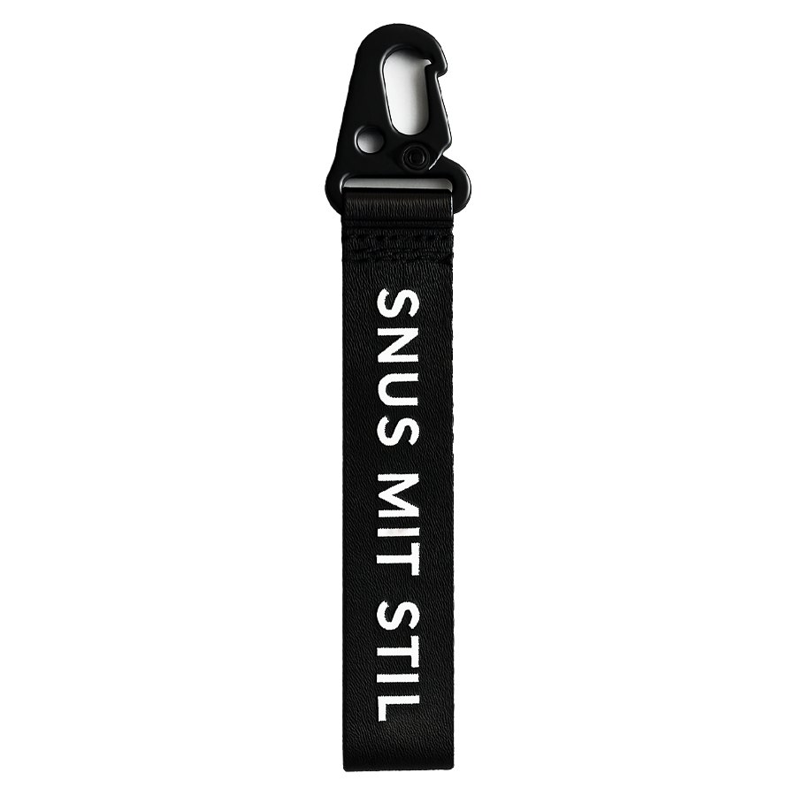 Schlüsselanhänger mit Aufdruck Snus mit Stil, Karabiner und Leinen band zur Sicherung an der Handtasche