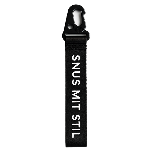 Schlüsselanhänger mit Aufdruck Snus mit Stil, Karabiner und Leinen band zur Sicherung an der Handtasche