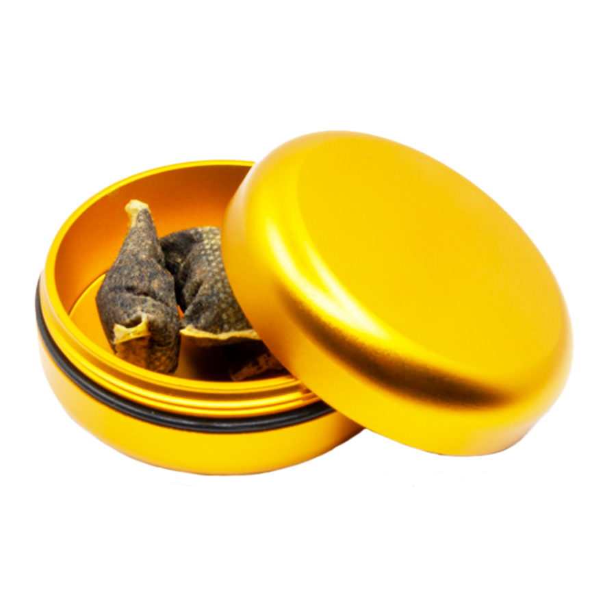 Snus Waste Mini, geöffnetes kleines Döschen ohne Bedruckung, in Gold, zeigt Innenraum, praktisch für Aufbewahrung von gebrauchtem Snus.