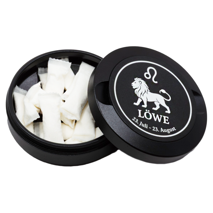 Gravierte Snusdose mit Motiv «Sternzeichen Löwe  « in stilvoller Präsentation, elegantes Metall-Design, personalisierbares Accessoire für Snus-Liebhaber