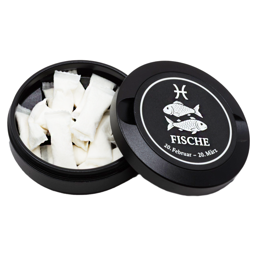 Gravierte Snusdose mit Motiv « Sternzeichen Fische « in stilvoller Präsentation, elegantes Metall-Design, personalisierbares Accessoire für Snus-Liebhaber