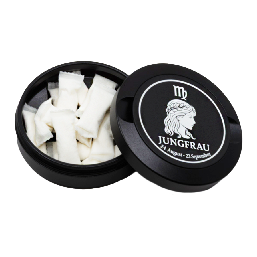 Gravierte Snusdose mit Motiv «Sternzeichen Jungfrau  « in stilvoller Präsentation, elegantes Metall-Design, personalisierbares Accessoire für Snus-Liebhaber