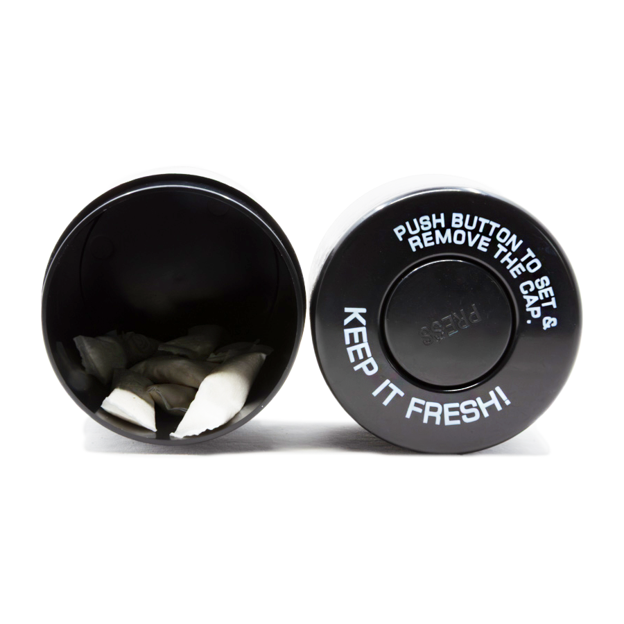 Snus Safe Box geöffnet von oben, Innendose für Snus sichtbar.